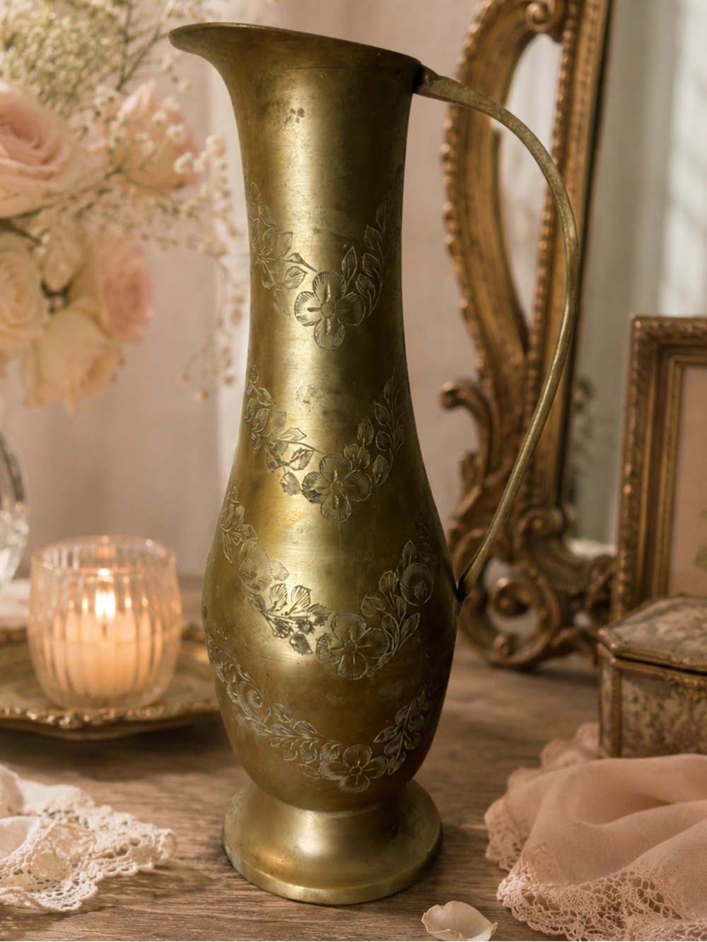Vintage Brass Pitcher Floral Etched Decor Vase